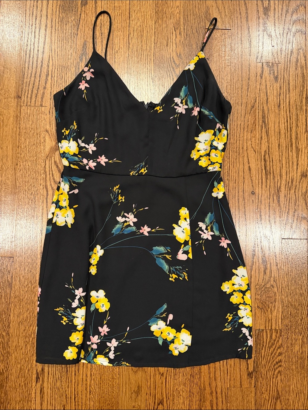 Socialite vintage floral on Black spaghetti strap Slip Dress size small